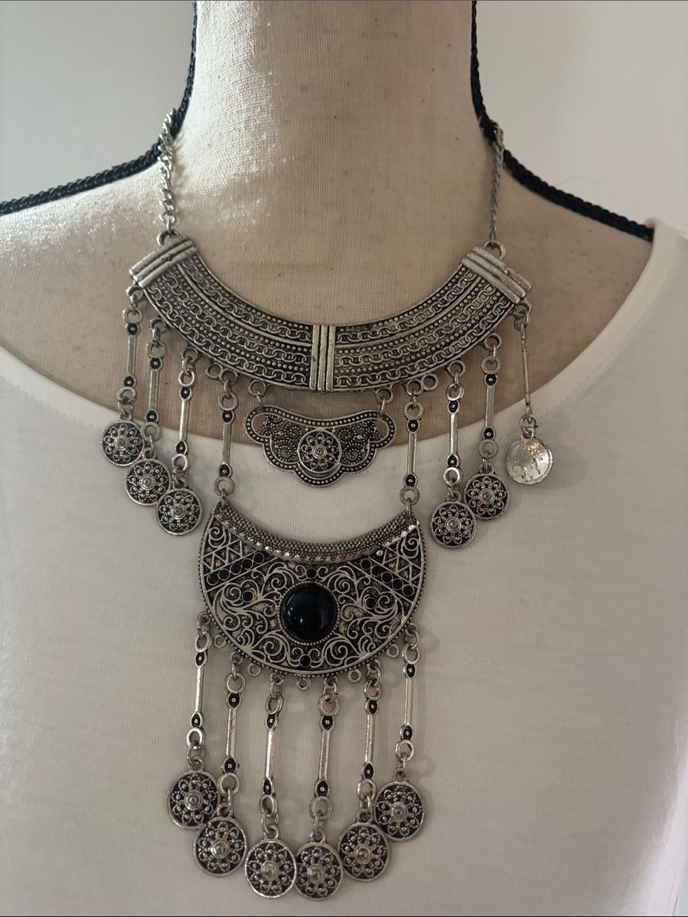 Bohemian Silver-Tone Filigree Statement Necklace with Black Stone